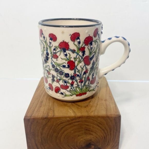Artisan Nakkas Cini Turkish Ceramic Coffee Mug Floral Handpainted Green Red Blue - Picture 1 of 7